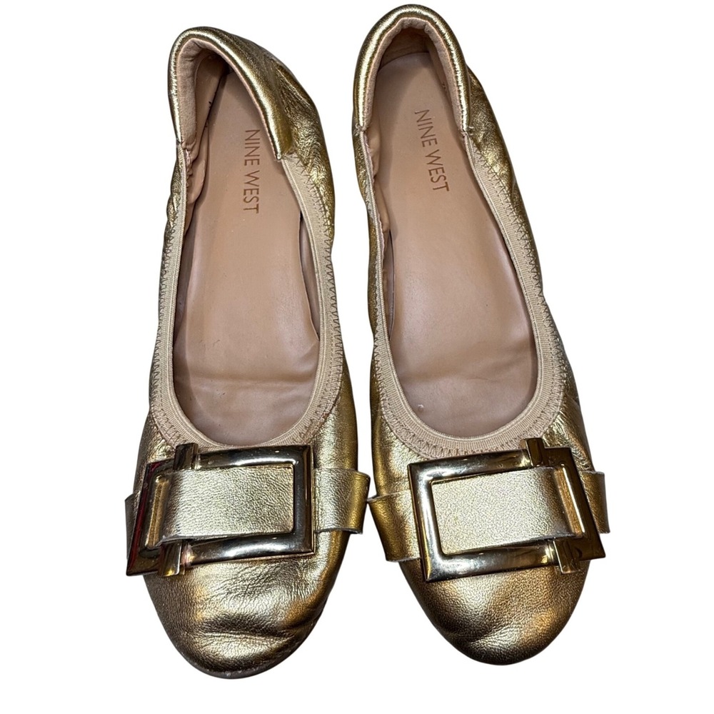 Nine West Justinna Ballet Flats Women 7M Gold Excellent Metallic Leather Buckle‎